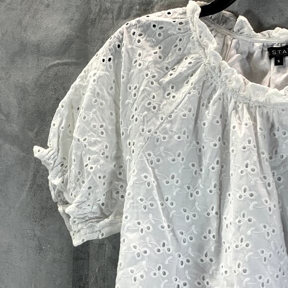 1.STATE Women's Ultra White Eyelet Raglan Sleeve Tie-Hem Crop Top SZ S - Picture 3 of 10